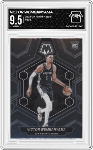 Victor Wembanyama from the 2023-24 Panini Mosaic set graded by Arena Club and given an overall grade of 9.5.