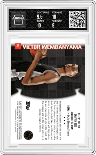 Victor Wembanyama from the 2023-24 Topps Chrome set graded by Arena Club and given an overall grade of 9.5.