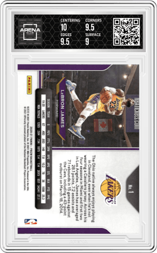 LeBron James from the 2020-21 Panini Prizm set graded by Arena Club and given an overall grade of 9.5.