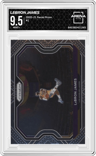 LeBron James from the 2020-21 Panini Prizm set graded by Arena Club and given an overall grade of 9.5.