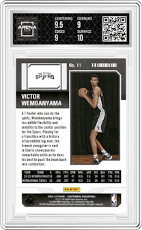 Victor Wembanyama  from the 2023-24 Panini Contenders set featuring a Retail parallel graded by Arena Club and given an overall grade of 9.5.
