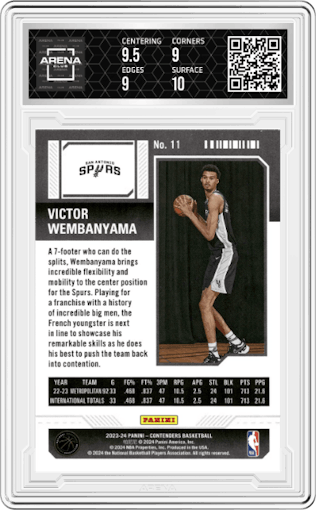 Victor Wembanyama  from the 2023-24 Panini Contenders set featuring a Retail parallel graded by Arena Club and given an overall grade of 9.5.