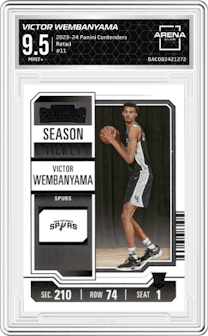Victor Wembanyama  from the 2023-24 Panini Contenders set featuring a Retail parallel graded by Arena Club and given an overall grade of 9.5.