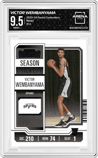 Victor Wembanyama  from the 2023-24 Panini Contenders set featuring a Retail parallel graded by Arena Club and given an overall grade of 9.5.