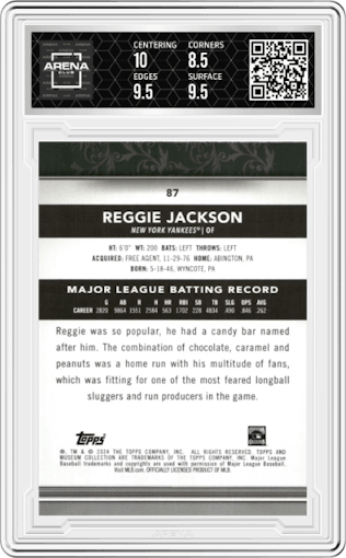 Reggie Jackson from the 2024 Topps Museum Collection set featuring a Gold parallel graded by Arena Club and given an overall grade of 9.
