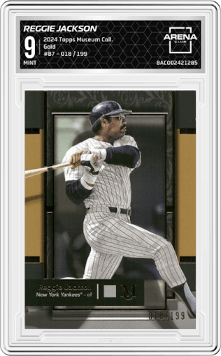 Reggie Jackson from the 2024 Topps Museum Collection set featuring a Gold parallel graded by Arena Club and given an overall grade of 9.