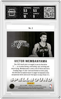 Victor Wembanyama from the 2023-24 Panini Donruss Elite set graded by Arena Club and given an overall grade of 9.5.