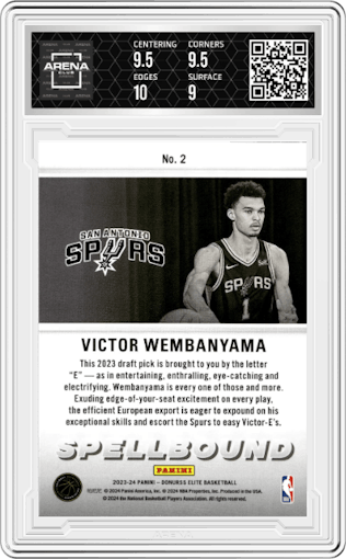 Victor Wembanyama from the 2023-24 Panini Donruss Elite set graded by Arena Club and given an overall grade of 9.5.