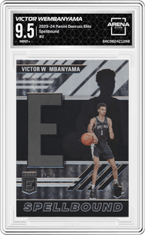 Victor Wembanyama from the 2023-24 Panini Donruss Elite set graded by Arena Club and given an overall grade of 9.5.