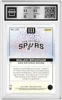 Malaki Branham from the 2022-23 Panini Court Kings set graded by Arena Club and given an overall grade of 10.