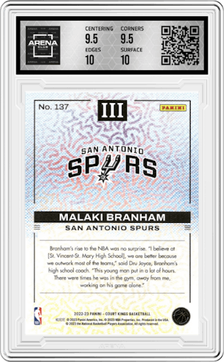 Malaki Branham from the 2022-23 Panini Court Kings set graded by Arena Club and given an overall grade of 10.