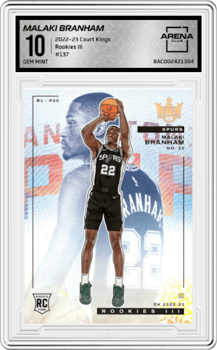 Malaki Branham from the 2022-23 Panini Court Kings set graded by Arena Club and given an overall grade of 10.