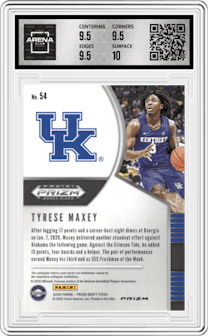 Tyrese Maxey from the 2020-21 Panini Prizm Draft Picks set featuring a Red Ice parallel graded by Arena Club and given an overall grade of 10.