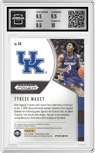 Tyrese Maxey from the 2020-21 Panini Prizm Draft Picks set featuring a Red Ice parallel graded by Arena Club and given an overall grade of 10.
