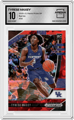 Tyrese Maxey from the 2020-21 Panini Prizm Draft Picks set featuring a Red Ice parallel graded by Arena Club and given an overall grade of 10.