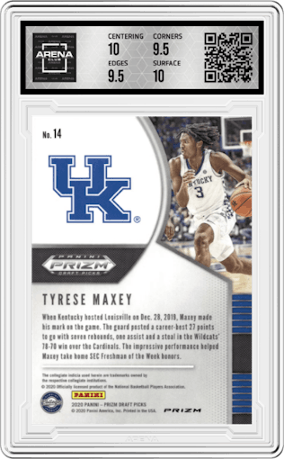 Tyrese Maxey from the 2020-21 Panini Prizm Draft Picks set featuring a Red Ice parallel graded by Arena Club and given an overall grade of 10.