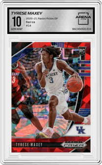 Tyrese Maxey from the 2020-21 Panini Prizm Draft Picks set featuring a Red Ice parallel graded by Arena Club and given an overall grade of 10.
