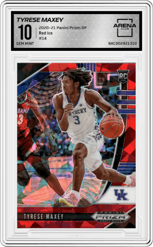 Tyrese Maxey from the 2020-21 Panini Prizm Draft Picks set featuring a Red Ice parallel graded by Arena Club and given an overall grade of 10.