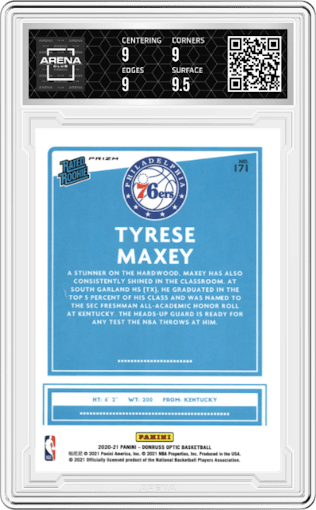 Tyrese Maxey from the 2020-21 Panini Donruss Optic set featuring a Target Box Set parallel graded by Arena Club and given an overall grade of 9.