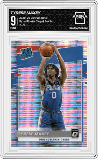 Tyrese Maxey from the 2020-21 Panini Donruss Optic set featuring a Target Box Set parallel graded by Arena Club and given an overall grade of 9.