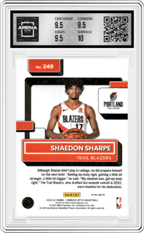 Shaedon Sharpe from the 2022-23 Panini Donruss Optic  set featuring a Choice parallel graded by Arena Club and given an overall grade of 10.
