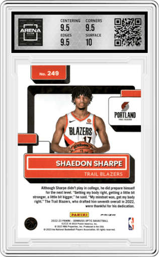 Shaedon Sharpe from the 2022-23 Panini Donruss Optic  set featuring a Choice parallel graded by Arena Club and given an overall grade of 10.