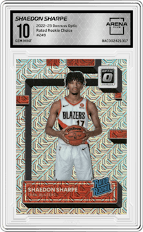 Shaedon Sharpe from the 2022-23 Panini Donruss Optic  set featuring a Choice parallel graded by Arena Club and given an overall grade of 10.