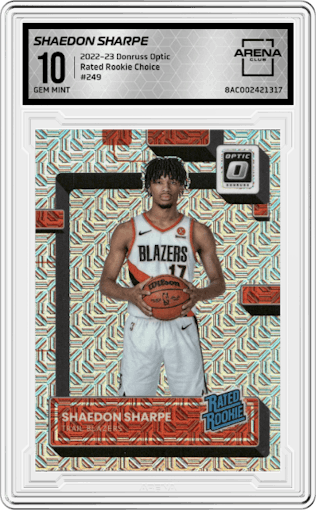 Shaedon Sharpe from the 2022-23 Panini Donruss Optic  set featuring a Choice parallel graded by Arena Club and given an overall grade of 10.