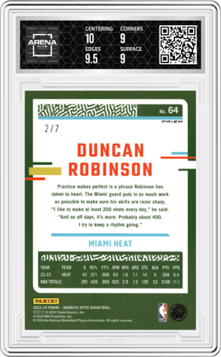  Duncan Robinson from the 2023-24 Donruss Optic set featuring a Fast Break Red/Yellow parallel graded by Arena Club and given an overall grade of 9.5.