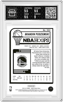 Brandin Podziemski from the 2023-24 Panini NBA Hoops set featuring a Teal Explosion parallel graded by Arena Club and given an overall grade of 9.5.