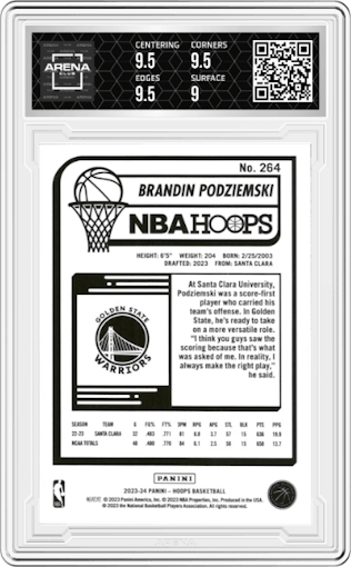 Brandin Podziemski from the 2023-24 Panini NBA Hoops set featuring a Teal Explosion parallel graded by Arena Club and given an overall grade of 9.5.