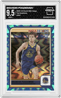 Brandin Podziemski from the 2023-24 Panini NBA Hoops set featuring a Teal Explosion parallel graded by Arena Club and given an overall grade of 9.5.