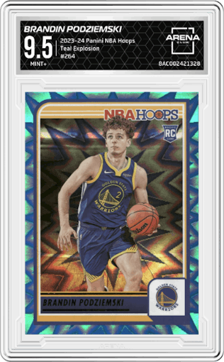 Brandin Podziemski from the 2023-24 Panini NBA Hoops set featuring a Teal Explosion parallel graded by Arena Club and given an overall grade of 9.5.