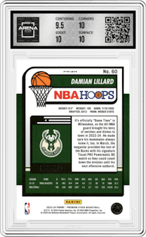Damian Lillard from the 2023-24 Panini Hoops Premium Stock set featuring a  Red Prizm  parallel graded by Arena Club and given an overall grade of 10.