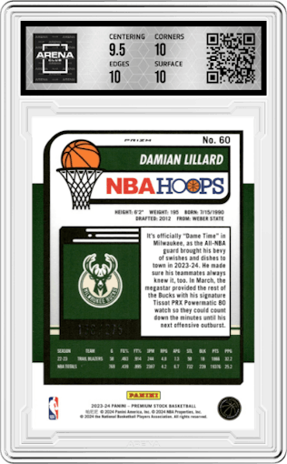 Damian Lillard from the 2023-24 Panini Hoops Premium Stock set featuring a  Red Prizm  parallel graded by Arena Club and given an overall grade of 10.