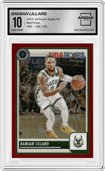 Damian Lillard from the 2023-24 Panini Hoops Premium Stock set featuring a  Red Prizm  parallel graded by Arena Club and given an overall grade of 10.