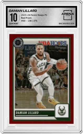 Damian Lillard from the 2023-24 Panini Hoops Premium Stock set featuring a  Red Prizm  parallel graded by Arena Club and given an overall grade of 10.