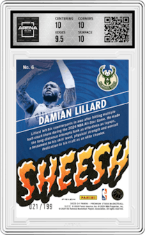 Damian Lillard from the 2023-24 Panini Hoops Premium Stock set featuring a Red Seismic Prizm parallel graded by Arena Club and given an overall grade of 10.