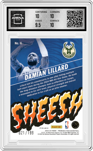 Damian Lillard from the 2023-24 Panini Hoops Premium Stock set featuring a Red Seismic Prizm parallel graded by Arena Club and given an overall grade of 10.