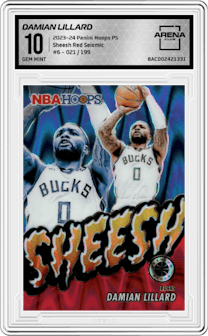 Damian Lillard from the 2023-24 Panini Hoops Premium Stock set featuring a Red Seismic Prizm parallel graded by Arena Club and given an overall grade of 10.