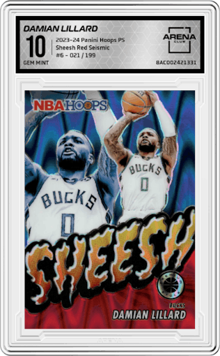 Damian Lillard from the 2023-24 Panini Hoops Premium Stock set featuring a Red Seismic Prizm parallel graded by Arena Club and given an overall grade of 10.