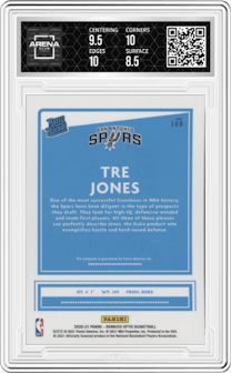 Tre Jones from the 2020-21 Panini Donruss Optic set graded by Arena Club and given an overall grade of 9.