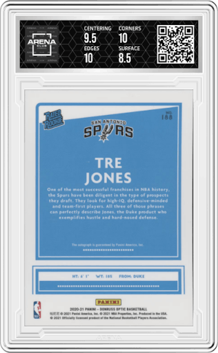 Tre Jones from the 2020-21 Panini Donruss Optic set graded by Arena Club and given an overall grade of 9.