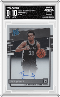 Tre Jones from the 2020-21 Panini Donruss Optic set graded by Arena Club and given an overall grade of 9.