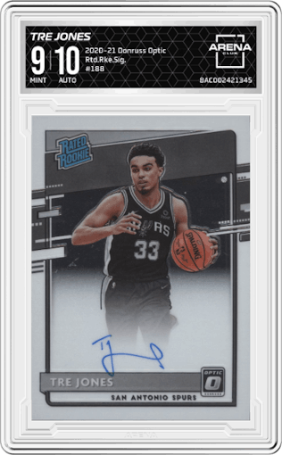 Tre Jones from the 2020-21 Panini Donruss Optic set graded by Arena Club and given an overall grade of 9.
