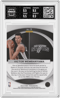Victor Wembanyama from the 2023-24 Panini Prizm set graded by Arena Club and given an overall grade of 9.