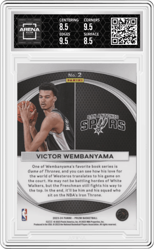 Victor Wembanyama from the 2023-24 Panini Prizm set graded by Arena Club and given an overall grade of 9.