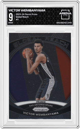 Victor Wembanyama from the 2023-24 Panini Prizm set graded by Arena Club and given an overall grade of 9.