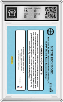 Mitch Richmond from the 2022-23 Panini Donruss Optic  set featuring a Choice parallel graded by Arena Club and given an overall grade of 10.