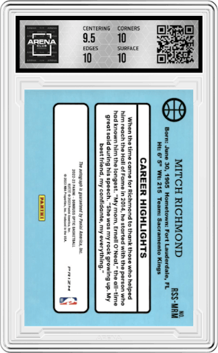 Mitch Richmond from the 2022-23 Panini Donruss Optic  set featuring a Choice parallel graded by Arena Club and given an overall grade of 10.